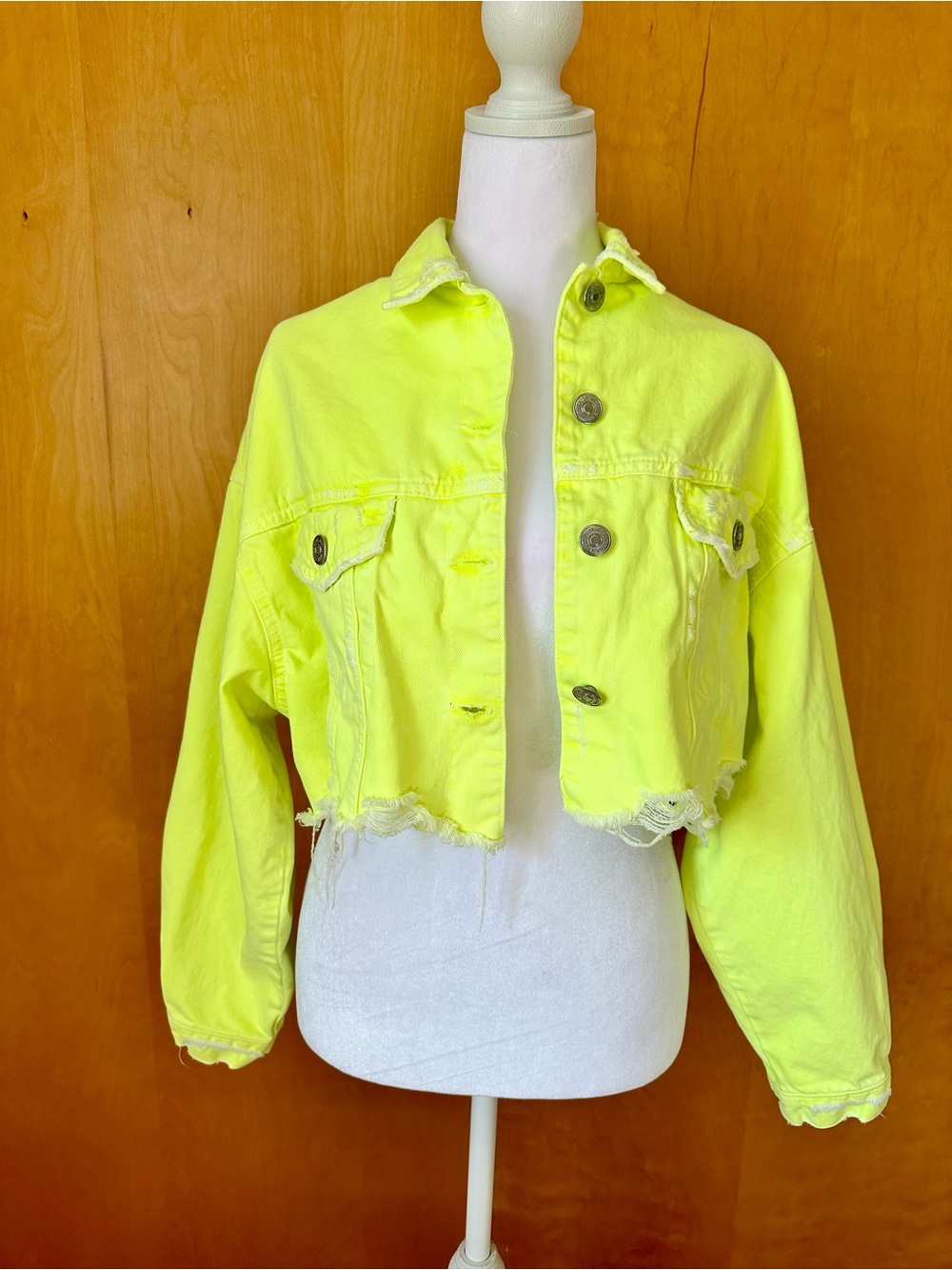 Neon Yellow Cropped Denim Jacket - Women